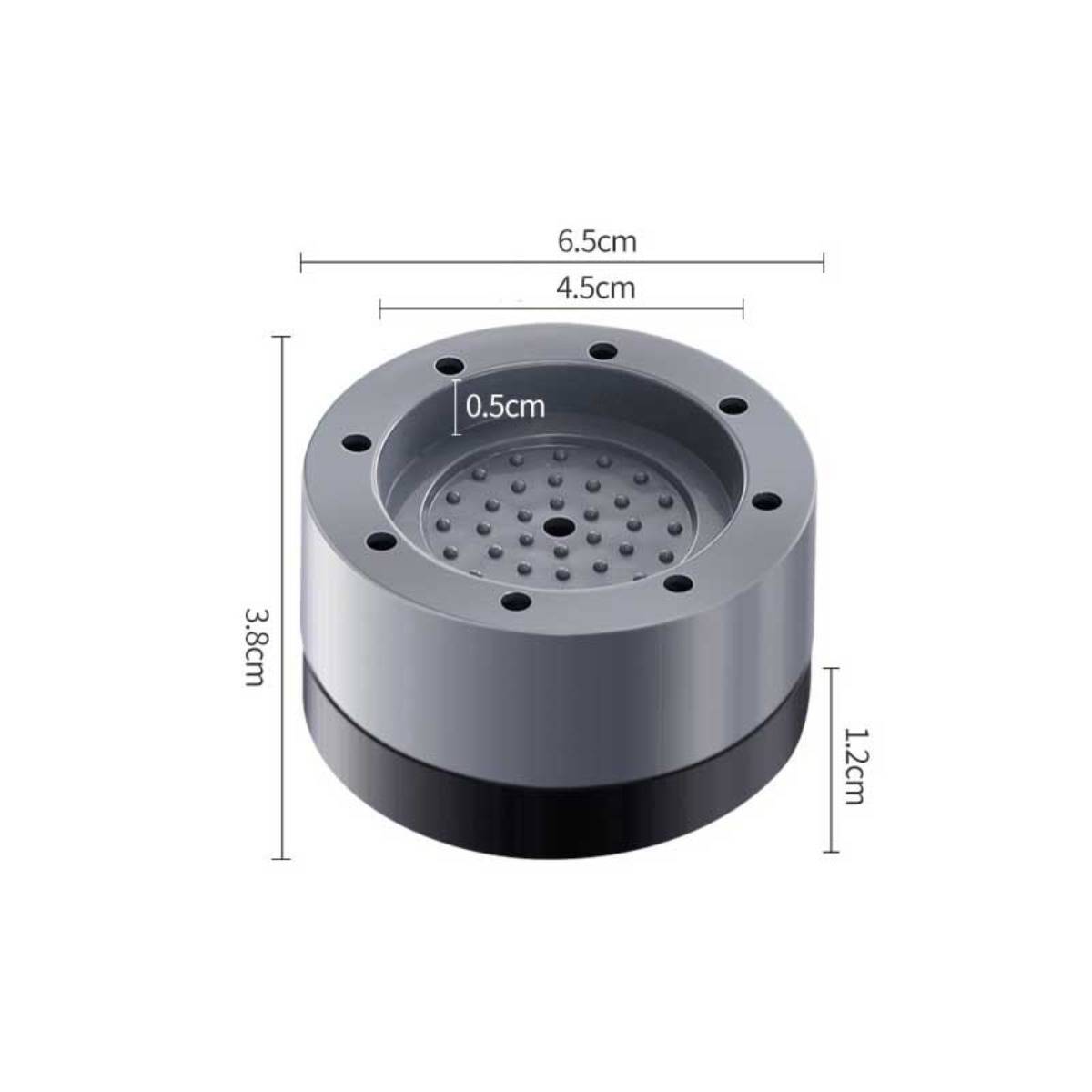 3D-Produktdiagramm eines runden grauen Metallteils mit perforierter Mitte und acht äußeren Löchern, gekennzeichnet mit 6,5 cm Breite, 3,8 cm Höhe und 1,2 cm Basishöhe.