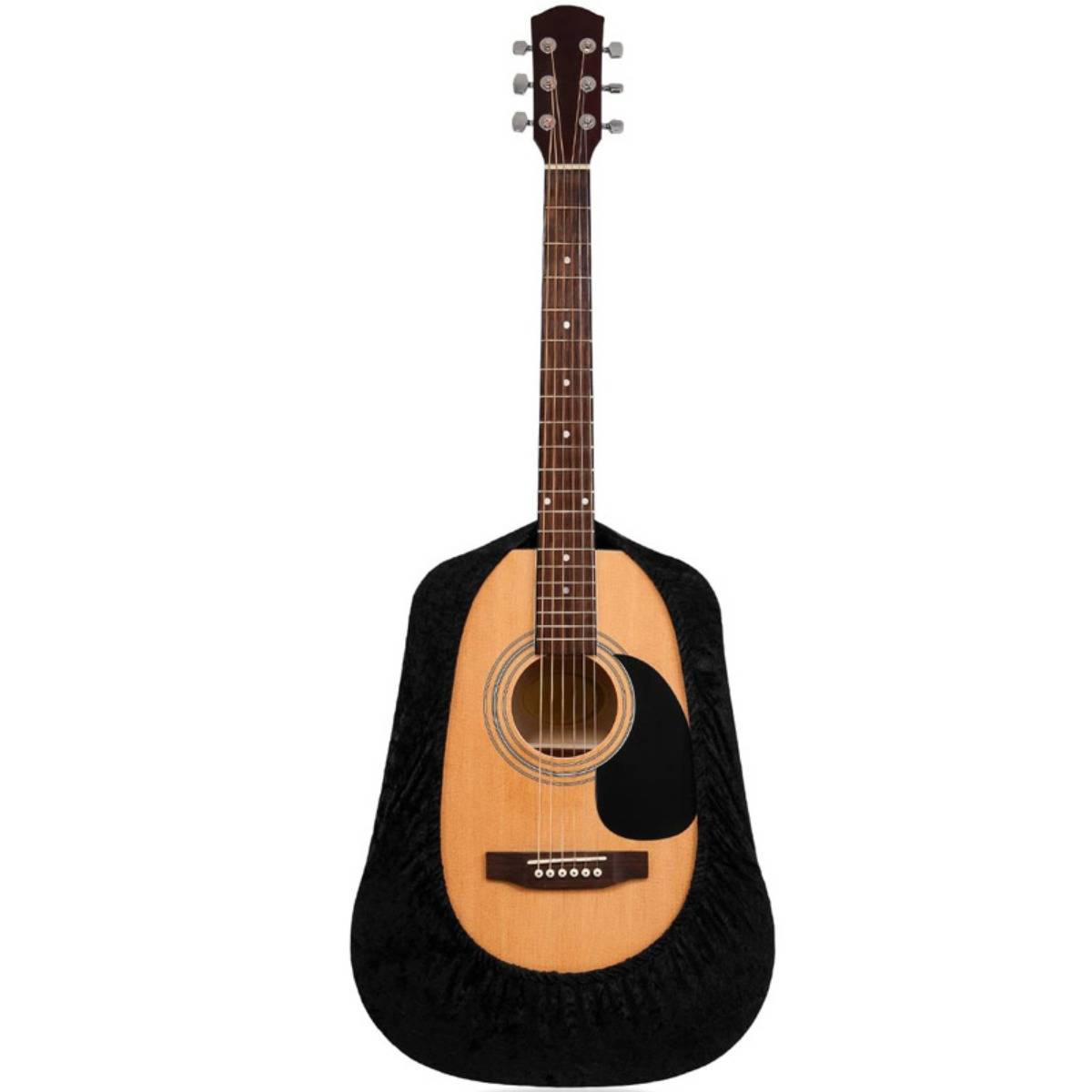 Akustikgitarre mit naturfarbenem Holzkorpus und schwarzem Schlagbrett, Vorderansicht vor einfachem weißem Hintergrund.