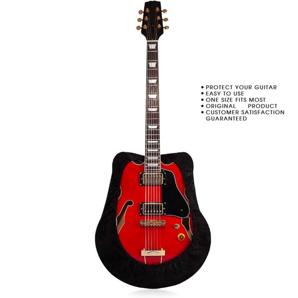 Rote elektrische Gitarre in schwarzer Schutzhülle ausgestellt; Text listet Vorteile auf: Schützen Sie Ihre Gitarre, einfach zu bedienen, passt auf die meisten Größen, Originalprodukt, Kundenzufriedenheit garantiert.