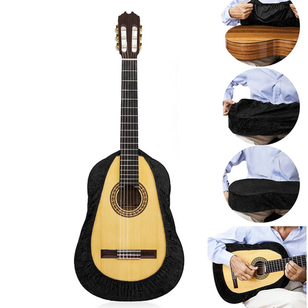 Klassische Gitarre in schwarzer Schutzabdeckung, mit eingefügten Nahaufnahmen, die die angepasste Umwicklung und die Verwendung beim Spielen zeigen.