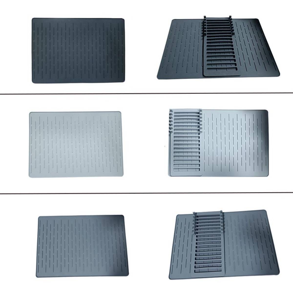 Produktbilder einer rechteckigen gerillten Matte, shown in Dunkelgrau und Hellgrau, mit einigen Ansichten, die einen erhöhten mittigen Schlitzbereich und Seitengrate zeigen.