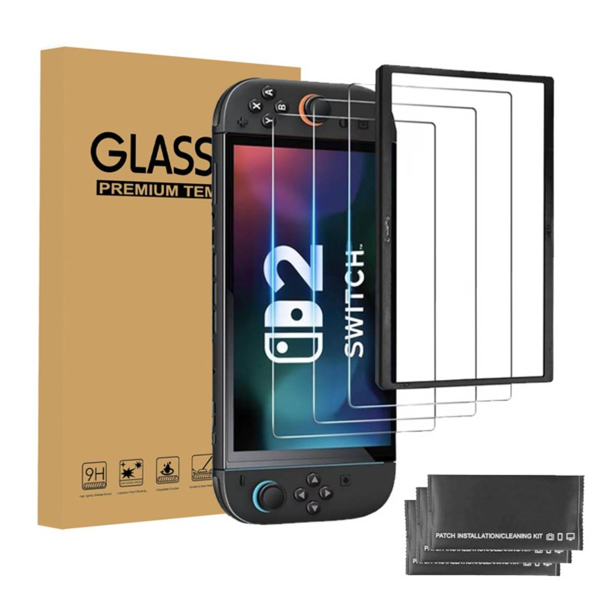 Nintendo Switch Displayschutzfolien-Set mit Verpackung, Konsole und mehreren transparenten Schutzfolien sowie Reinigungstüchern.