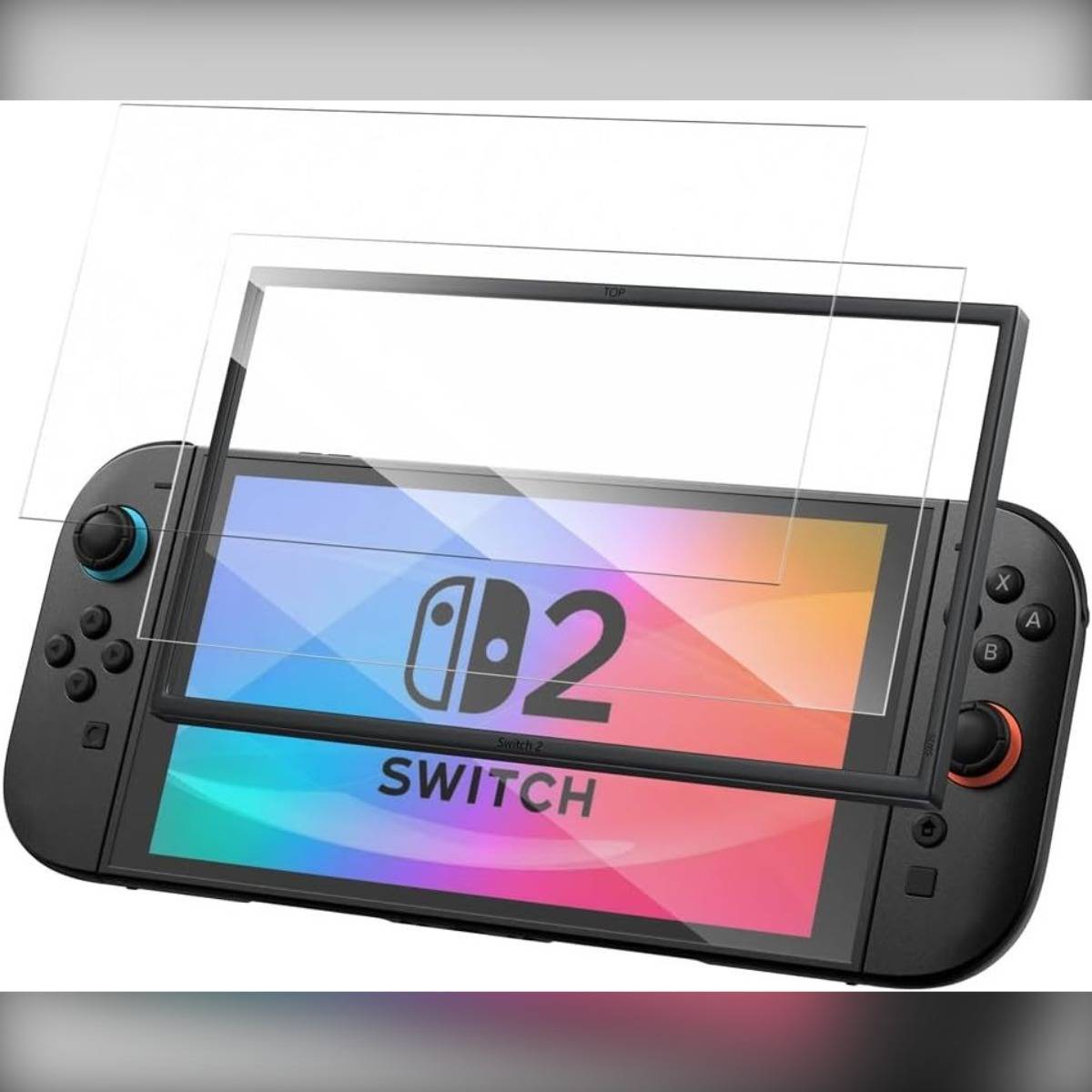 Nintendo Switch-Konsole mit einer Displayschutzfolie, die über dem Display ausgerichtet ist und das Switch-Logo auf dem Bildschirm anzeigt.