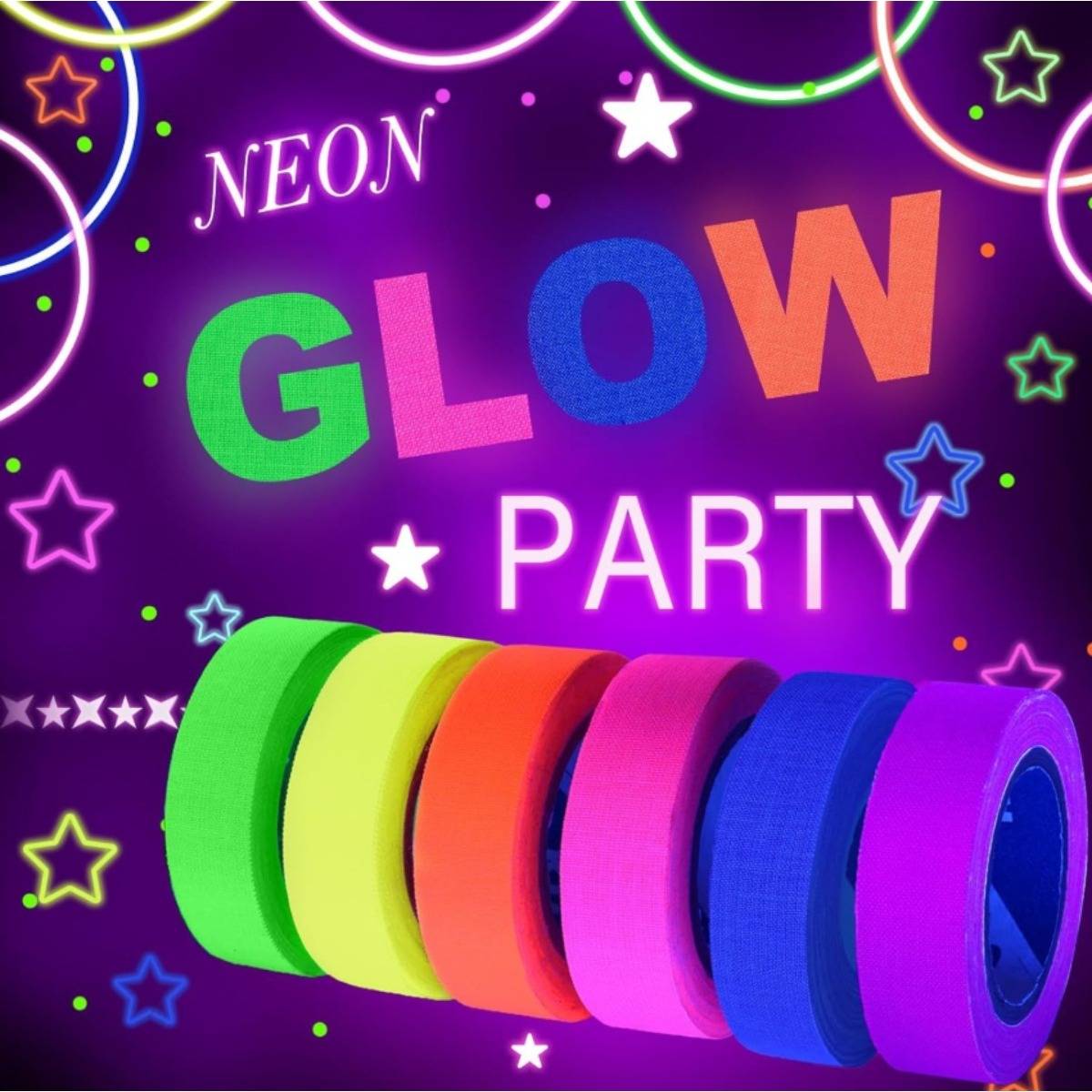 Neon-Glow-Party-Plakat mit farbenfrohem leuchtenden Text und sechs Rollen Neon-Klebeband auf violettem Hintergrund mit Sternen und Ringen.