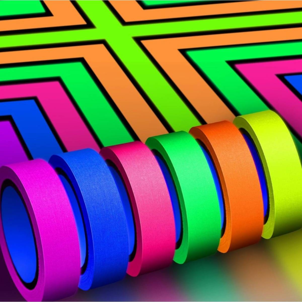Bunte, ineinander verschlungene 3D-Ringe und labyrinthartige Pfade in leuchtendem Neonpink, Blau, Grün, Orange und Gelb, die ein abstraktes Muster bilden.