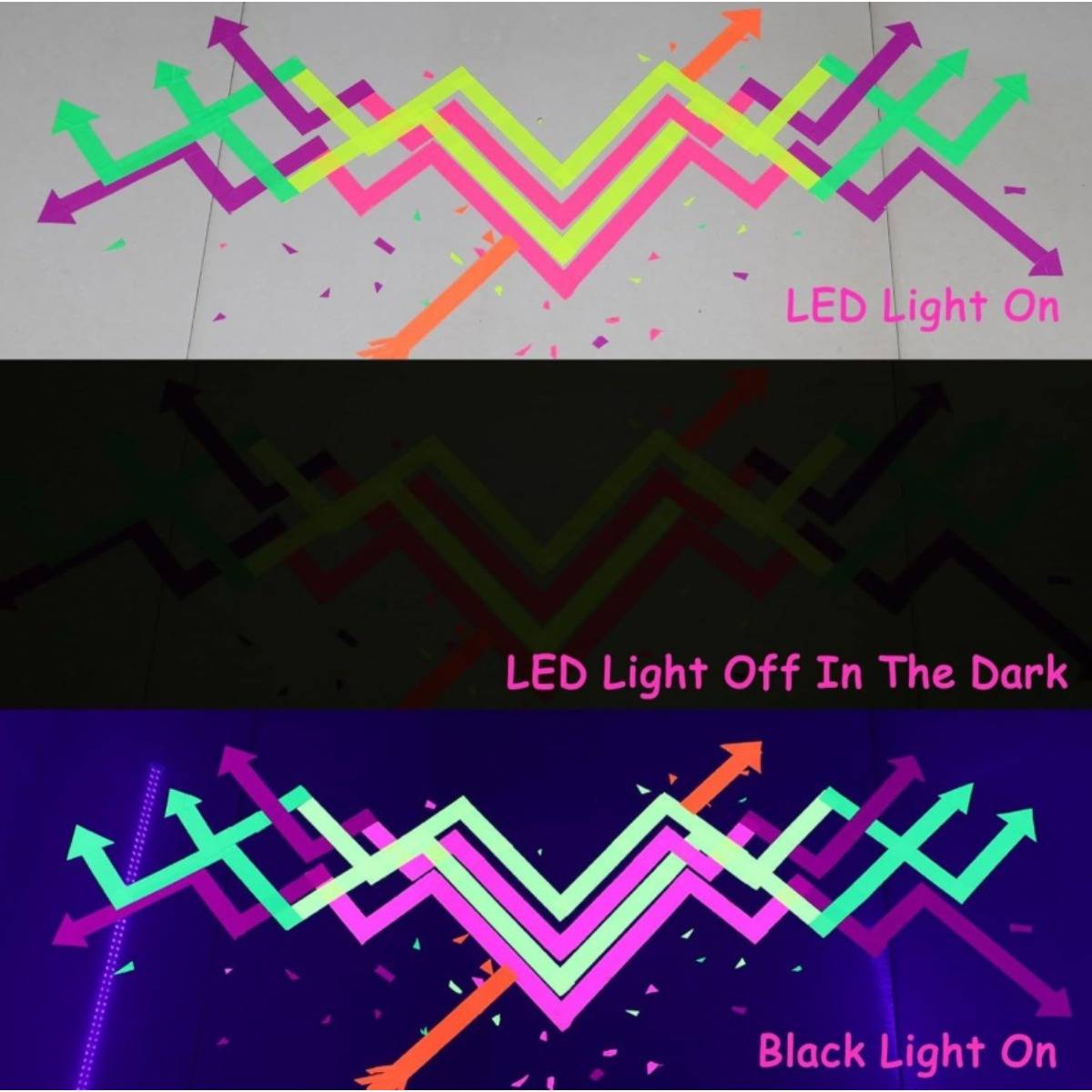 Drei-Panel-Vergleich eines Neon-Zickzack-Wanddesigns: LED-Licht an, LED-Licht aus im Dunkeln und schwarzes Licht an, das Glüheffekte zeigt.