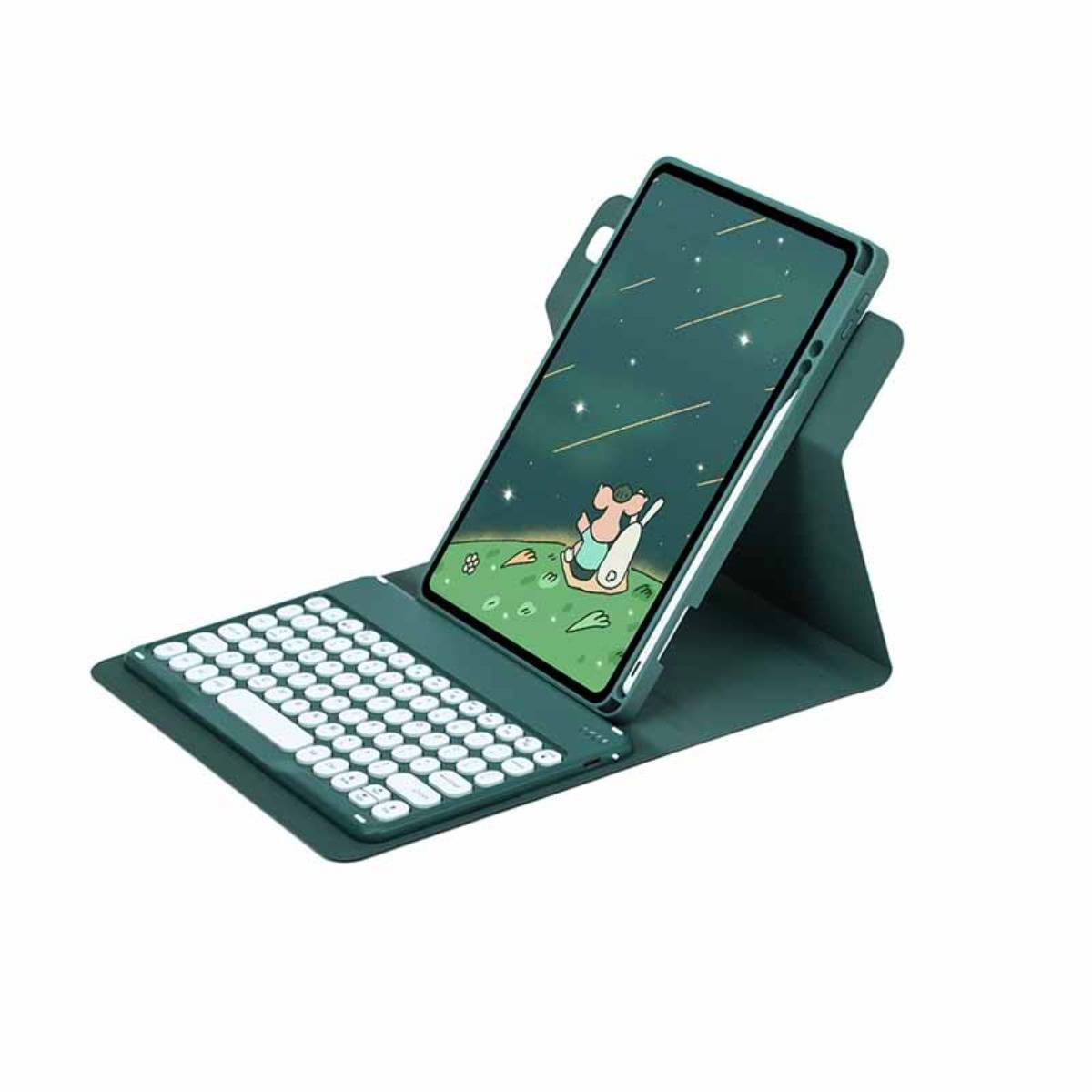 Grüne Tablet-Tastaturhülle mit hochklappbarem Ständer, zeigt ein Tablet im Querformat auf der rechten Seite und eine Tastatur mit weißen Tasten auf der linken Seite.
