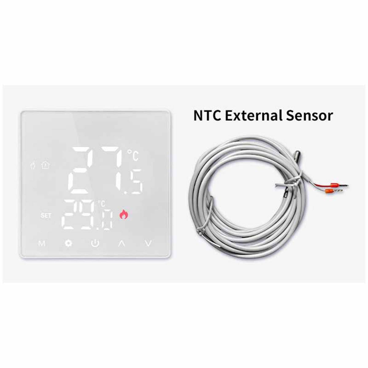 NTC-Außensensor und digitale Thermostatanzeige zeigt 27°C mit aufgewickeltem Sensorleitungskabel.