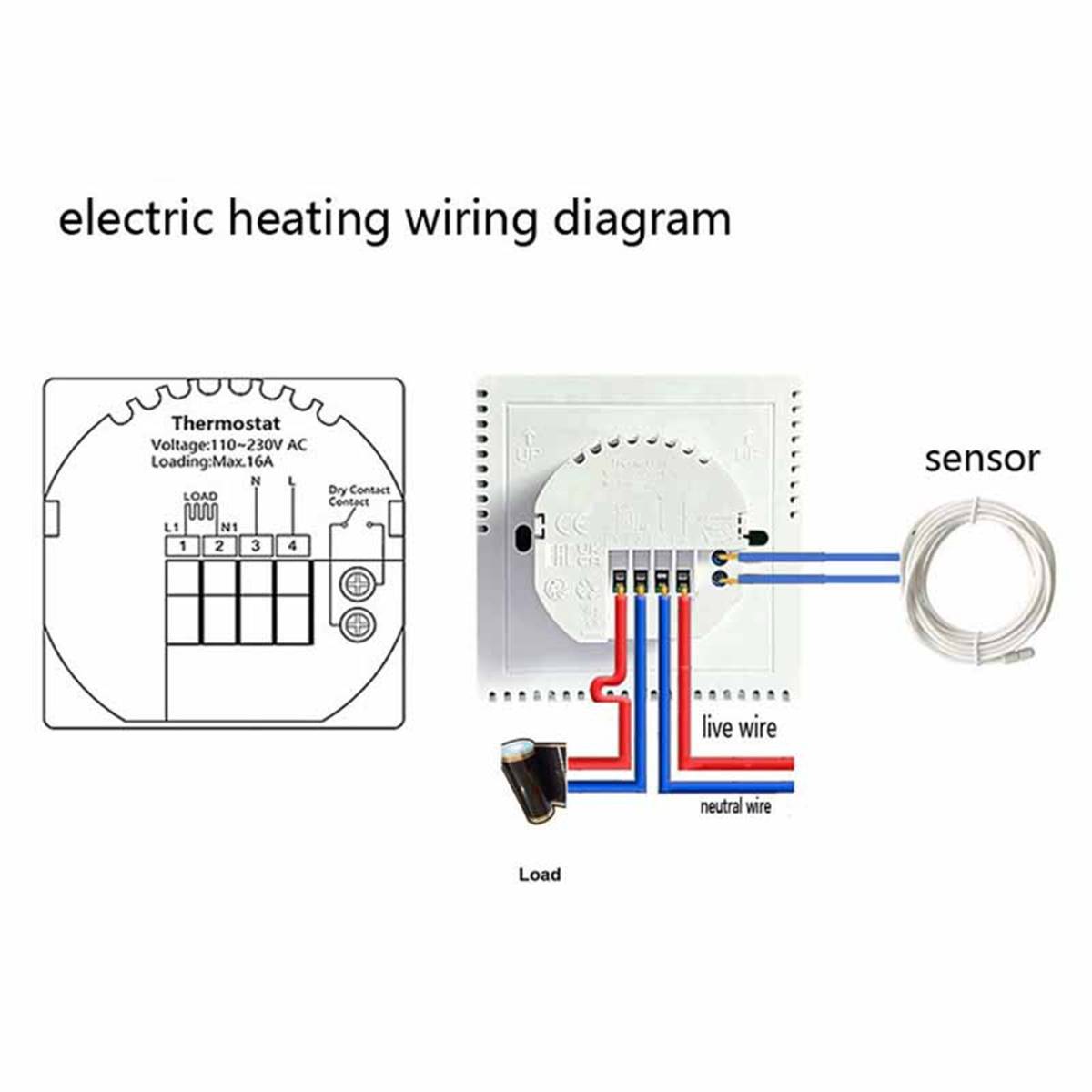 Schaltplan für elektrische Heizung mit Thermostat, Ader- und Neutralleiterverkabelung, Lastverbindung und externer Sensorplatzierung.