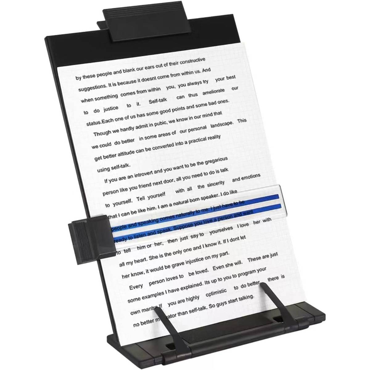 Ein schwarzer Dokumentenhalter mit schräger Anzeige zeigt eine geneigte Textseite, die durch Klammern gesichert ist, mit einem durchsichtigen Lupe mit blauem Rand in der Mitte zum leichteren Lesen.