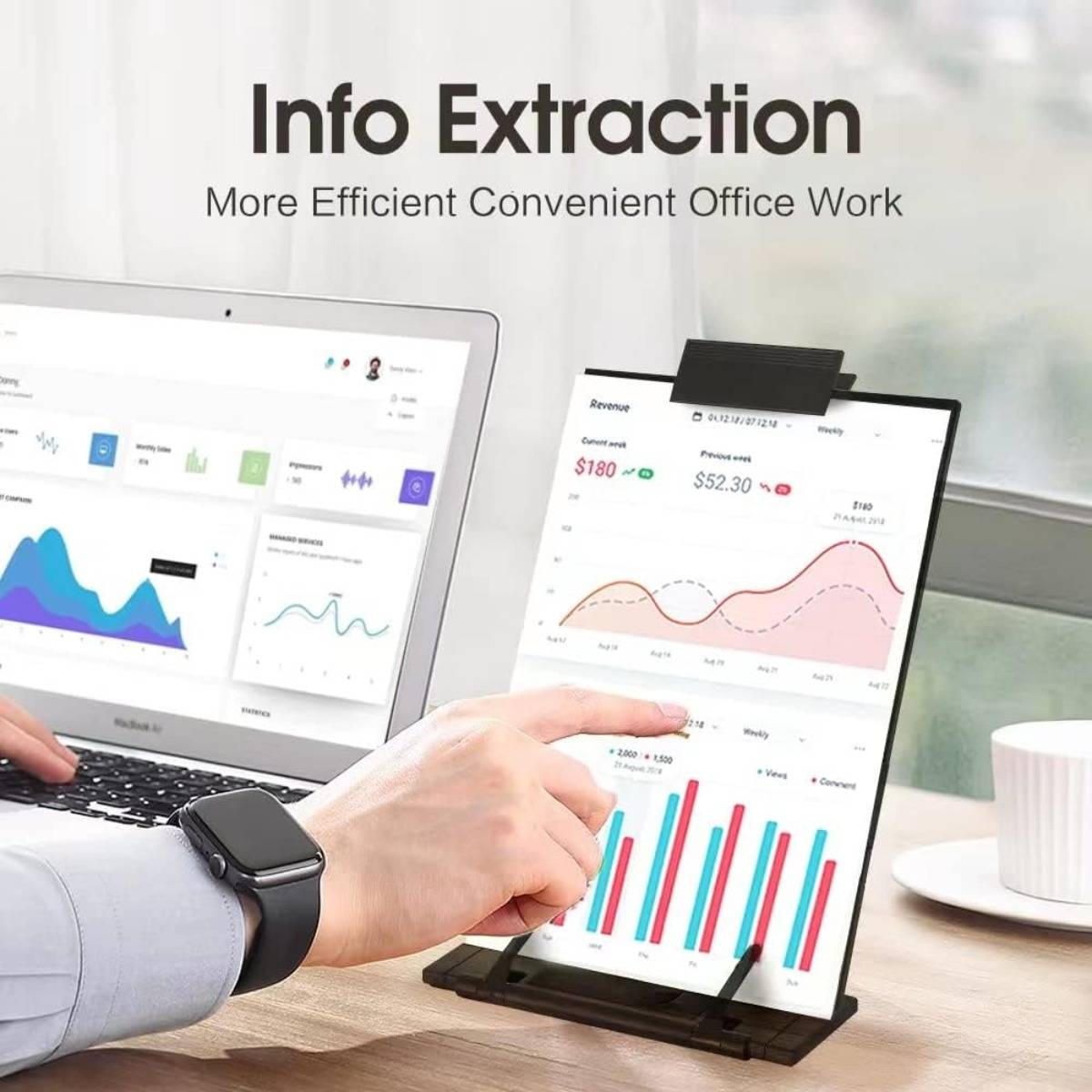 Büroschauplatz mit Laptop und Tablet, die Analytics-Dashboards unter der Überschrift „Informationsextraktion" und dem Untertitel „Effizientere und komfortablere Büroarbeit"" anzeigen.