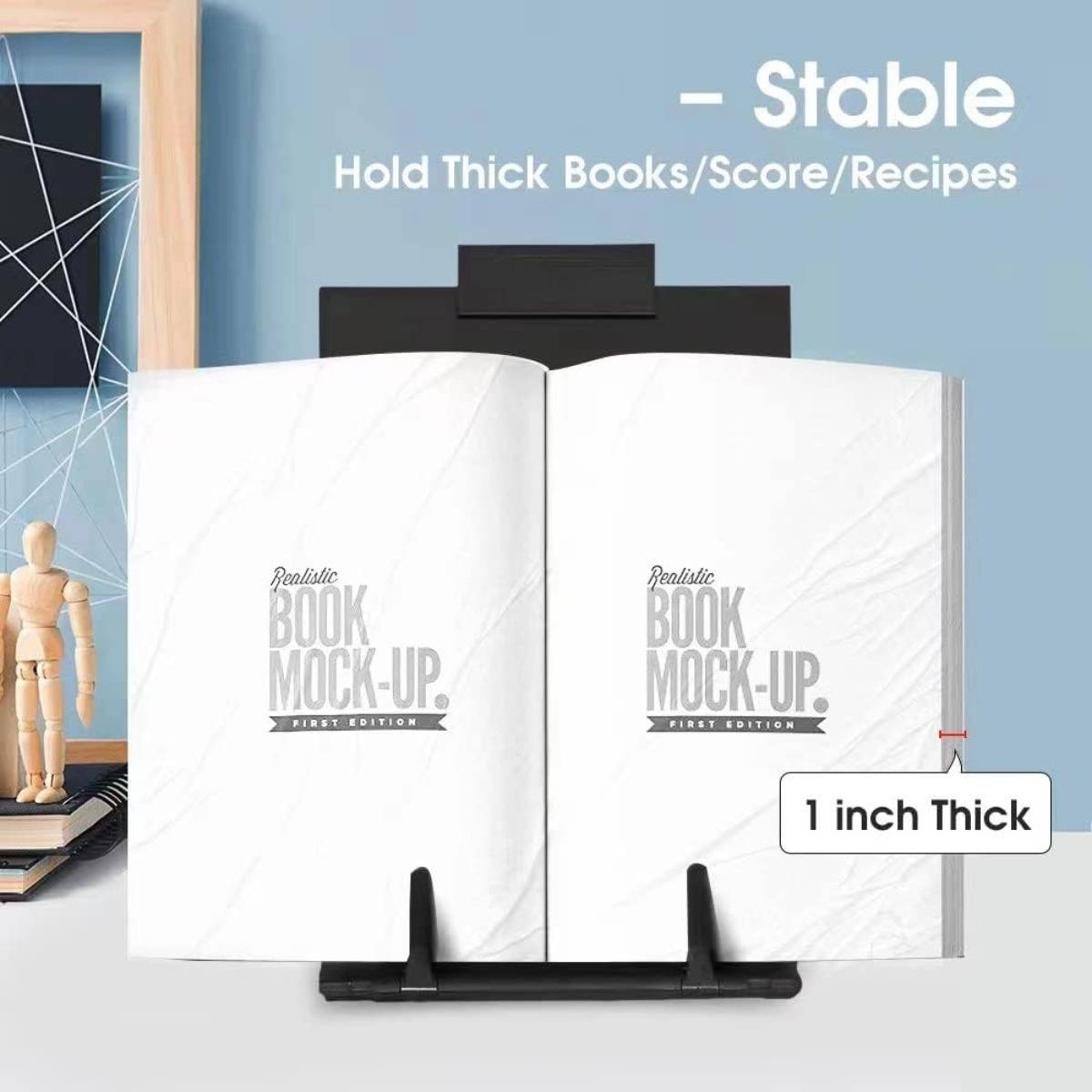 Schwarzer Buchständer, der ein offenes, dickes Buch hält; der Text besagt „Stabil", „Hält dicke Bücher/Partituren/Rezepte"" und „1 Zoll dick"".