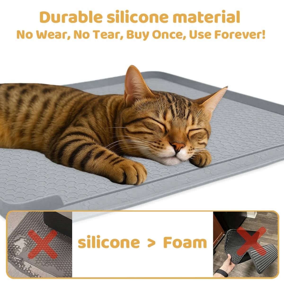 Schlafende getigerte Katze auf einer langlebigen grauen Silikonmatte; Text sagt „Langlebares Silikonmaterial