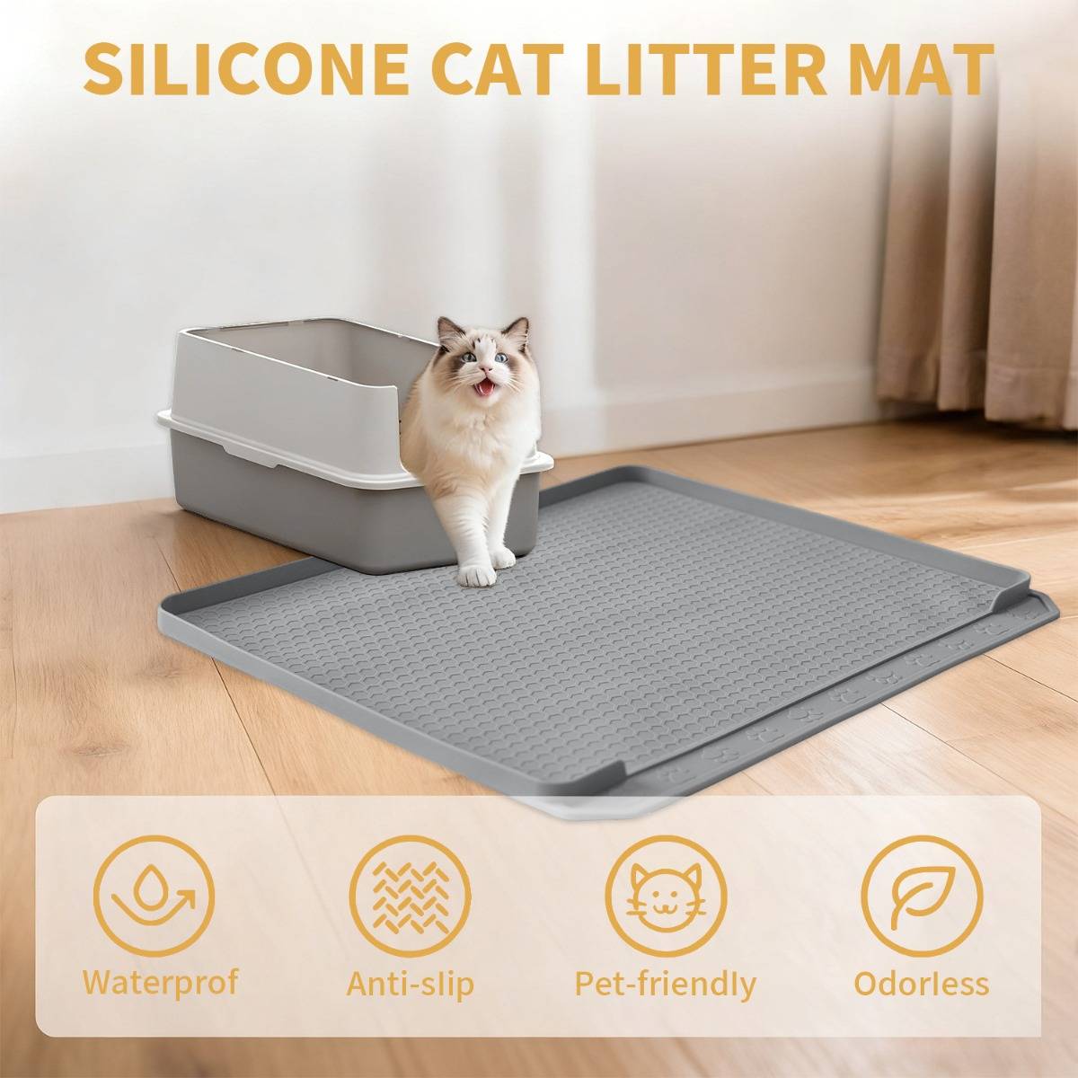 Produktanzeige mit einer Katze neben einer Katzentoilette auf einer grauen Silikon-Katzentoilettenmatte, beschriftet mit „SILIKON-KATZENTOILETTENMATTE
