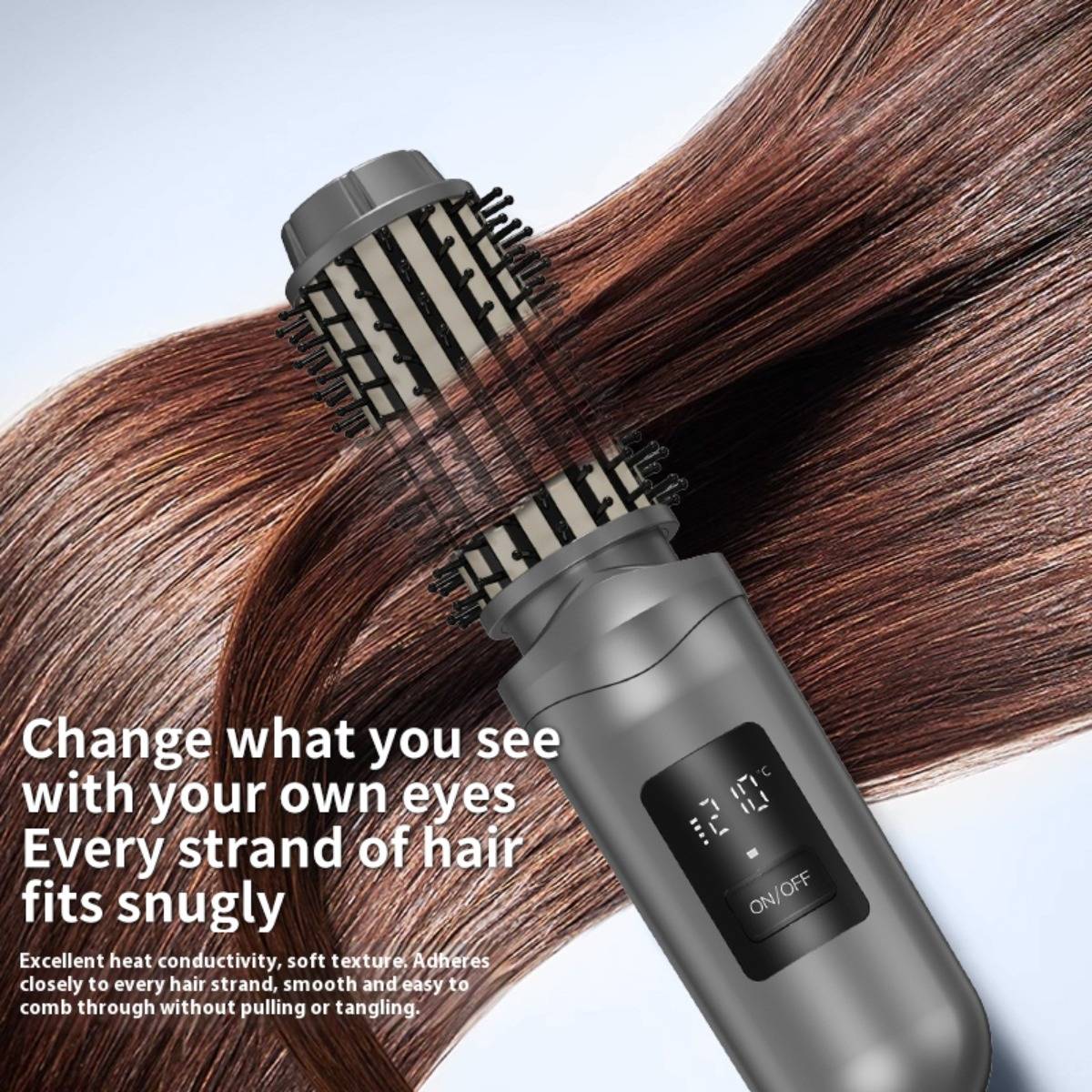 Werbebild einer beheizten Haarstyling-Bürste, die glatte braune Haare greift, mit dem Text: „Verändern Sie, was Sie mit Ihren eigenen Augen sehen