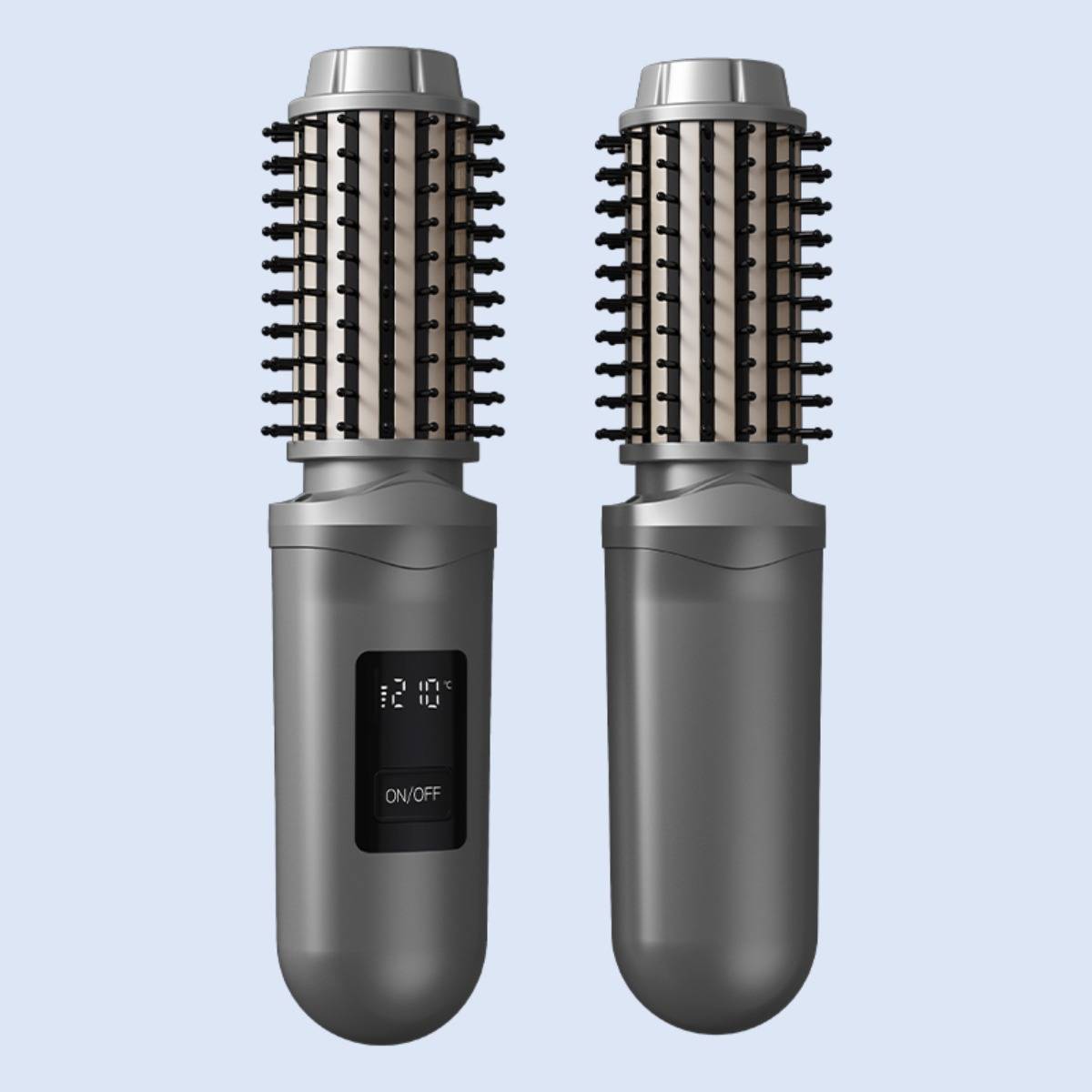 Zwei zylindrische Haarstyling-Bürsten, nebeneinander angeordnet; die linke Bürste hat ein digitales Display und einen EIN-/AUS-Schalter, die rechte ist schlicht.