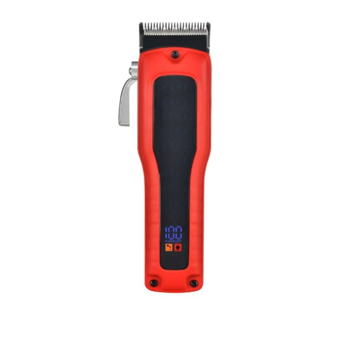Roter schnurloses Haarschneider mit silbernem Messer und kleinem digitalen Display auf weißem Hintergrund.