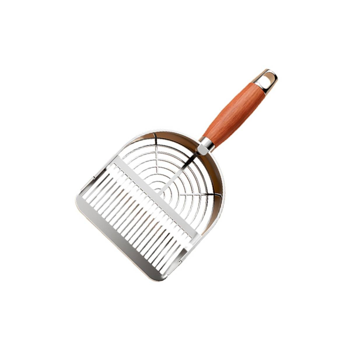 Edelstahlschaberinstrument mit Holzgriff, auf weißem Hintergrund dargestellt.