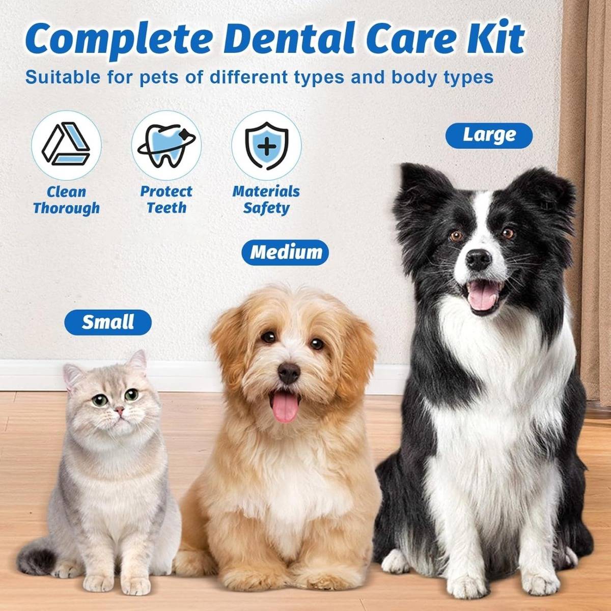 Werbebild eines Zahnpflegekits für Haustiere für kleine, mittlere und große Haustiere, das Symbole für saubere Zähne, Zahnschutz und sichere Materialien neben einer Katze und zwei Hunden zeigt.