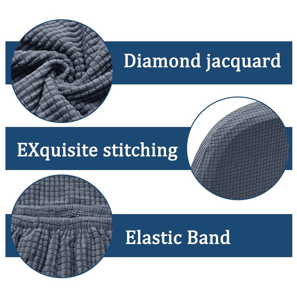 Werbegrafik mit Nahaufnahmen von strukturiertem grauem Stoff, gekennzeichnet mit „Diamant-Jacquard
