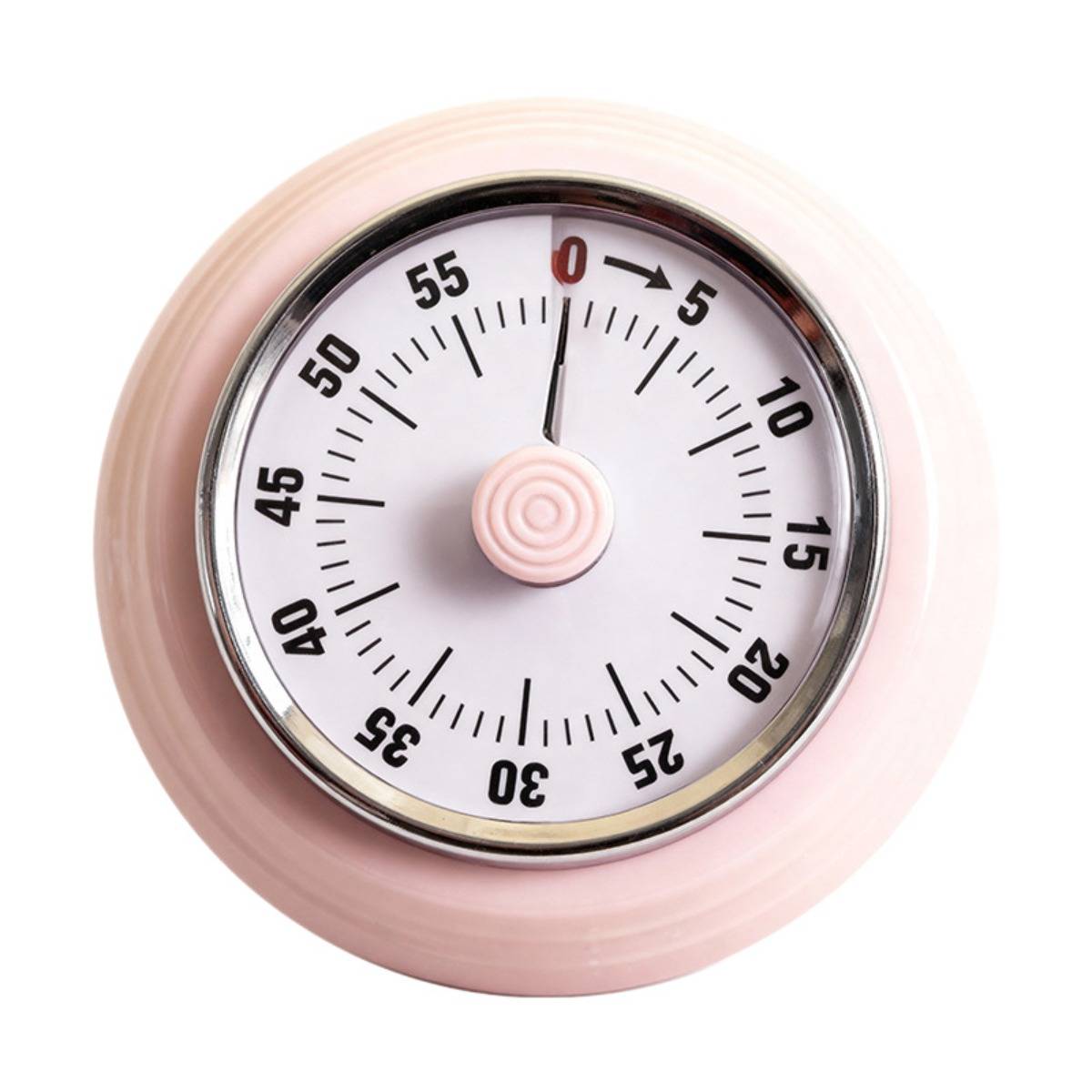 Runde Küchenuhr mit rosa Gehäuse, zeigt oben 0 Minuten an und das Zifferblatt ist in 5-Minuten-Schritten bis 55 nummeriert.