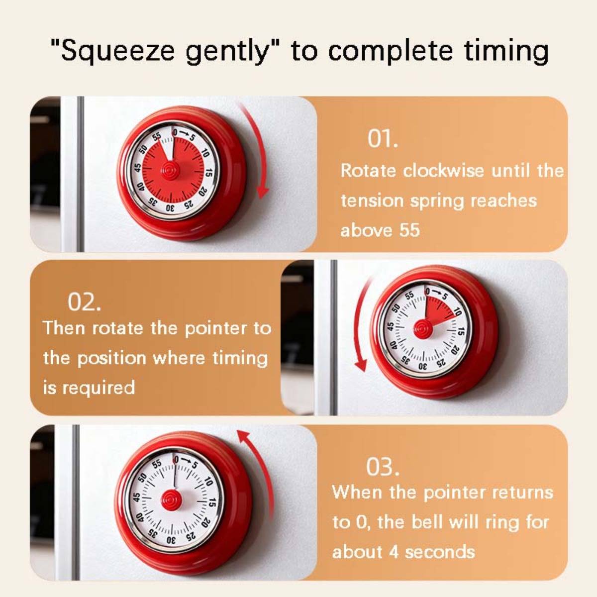 Bedienungsanleitung für einen mechanischen Timer: „Sanft drücken