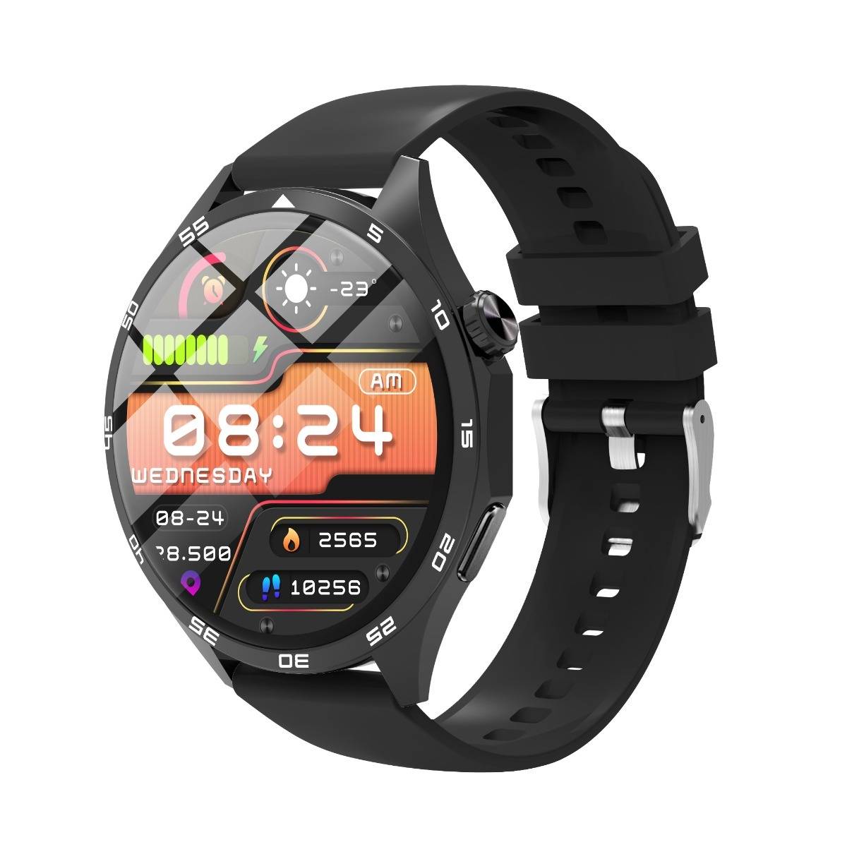 Schwarze runde Smartwatch mit schwarzem Silikonarmband, die ein digitales Zifferblatt mit der Uhrzeit 08:24, Mittwoch, Akkuladestand, Wetter und Fitnesstatistiken anzeigt.