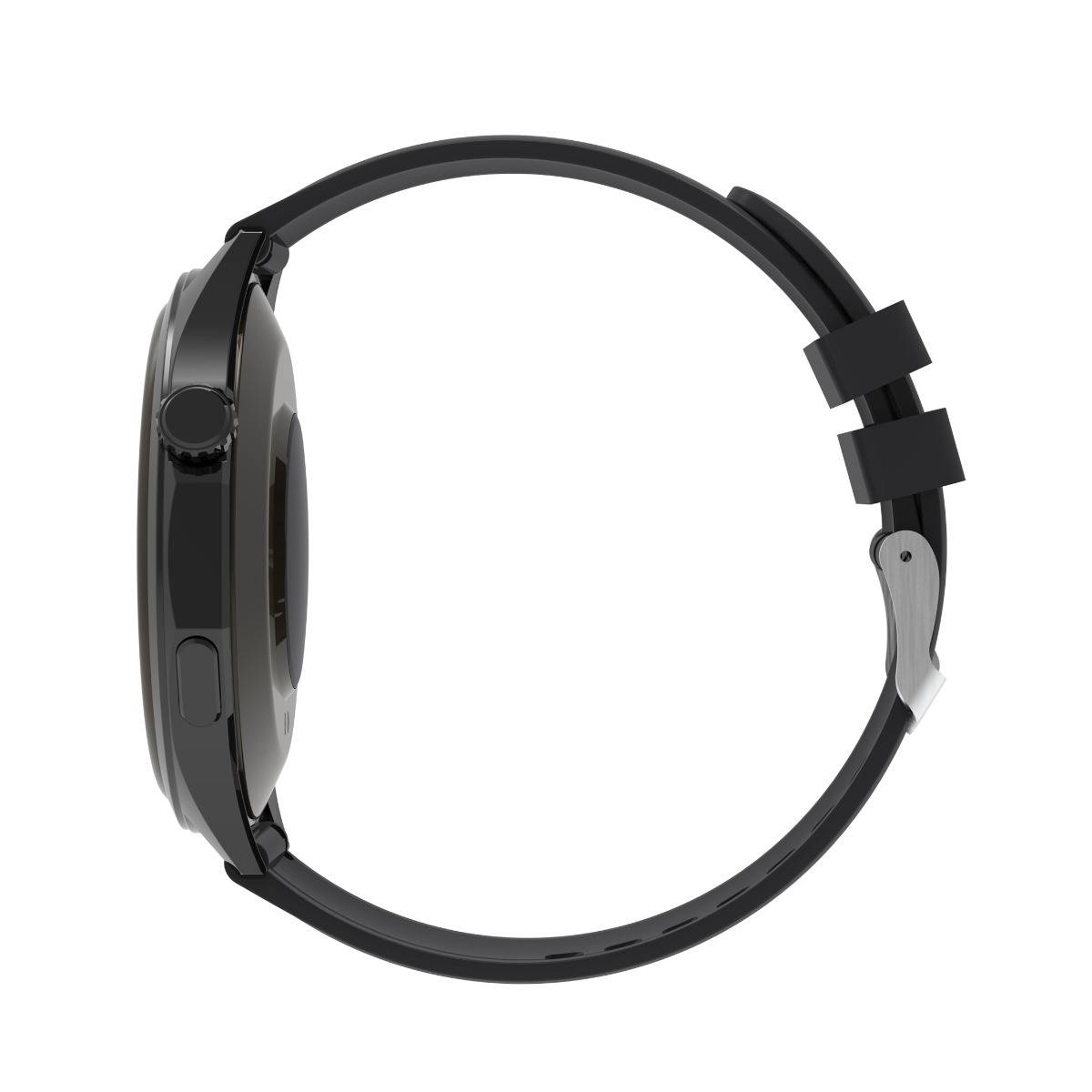 Schwarze Armbanduhr in Seitenansicht mit rundem Gehäuse, Krone und verstellbarem Schnallengurt auf weißem Hintergrund.