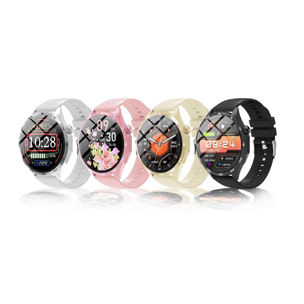 Vier Smartwatches in Weiß, Rosa, Beige und Schwarz, jeweils mit unterschiedlichem digitalem oder analogem Display-Stil auf weißem Hintergrund.