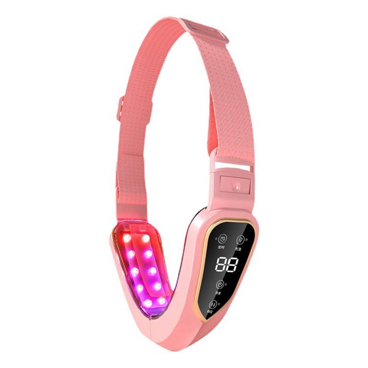 Rosa tragbarer Nackenmassager mit LED-Leuchten und digitaler Steueranzeige auf einem Kragen im Riemendesign