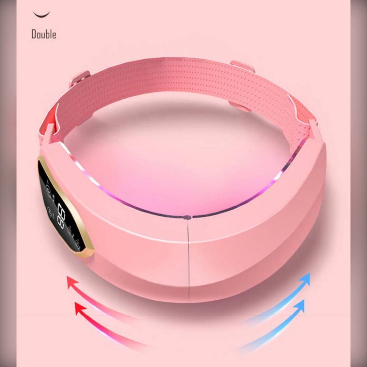 Rosafarbenes intelligentes Fitness-Band mit Display und Kennzeichnung "Double"", dargestellt als Produktanzeige auf rosa Hintergrund mit Bewegungspfeilen.