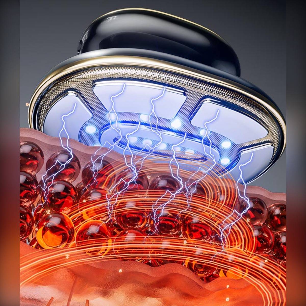Nahaufnahme eines futuristischen metallischen Geräts, das blaue Elektrizität in eine leuchtende rot-orangefarbene Plasmakammer ausstrahlt.