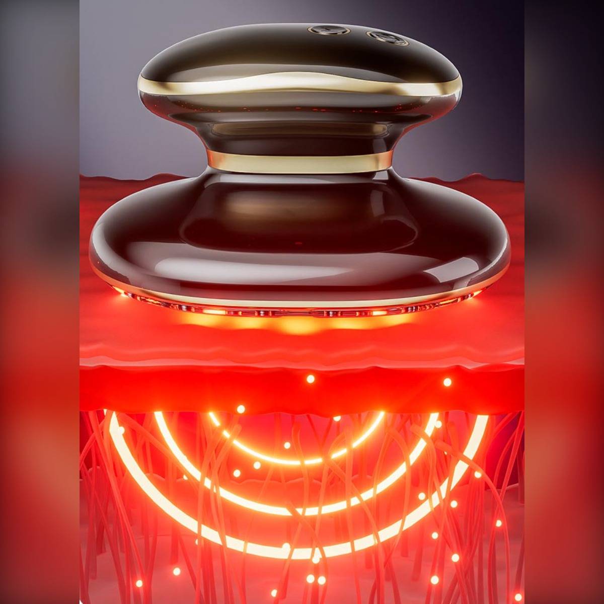 Glänzend schwarzes, futuristisches pilzförmiges Gerät, das über einer leuchtend roten Oberfläche schwebt, mit hellen Neonringen darunter.