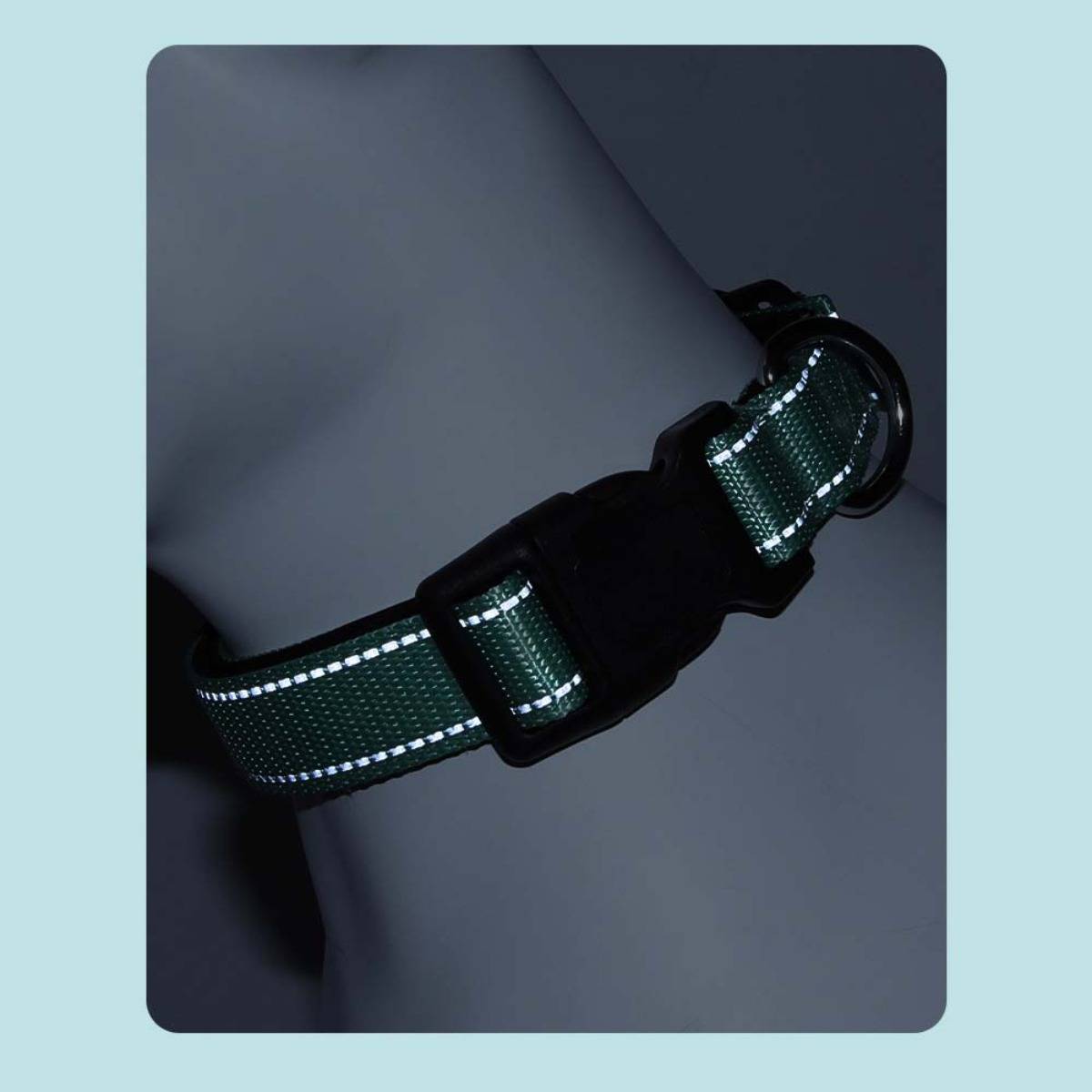 Reflektierendes grünes Riemen-Halsband oder Geschirr an einem Schaufensterpuppenhals, mit schwarzer Schnalle und Beschlägen auf dunklem Hintergrund.