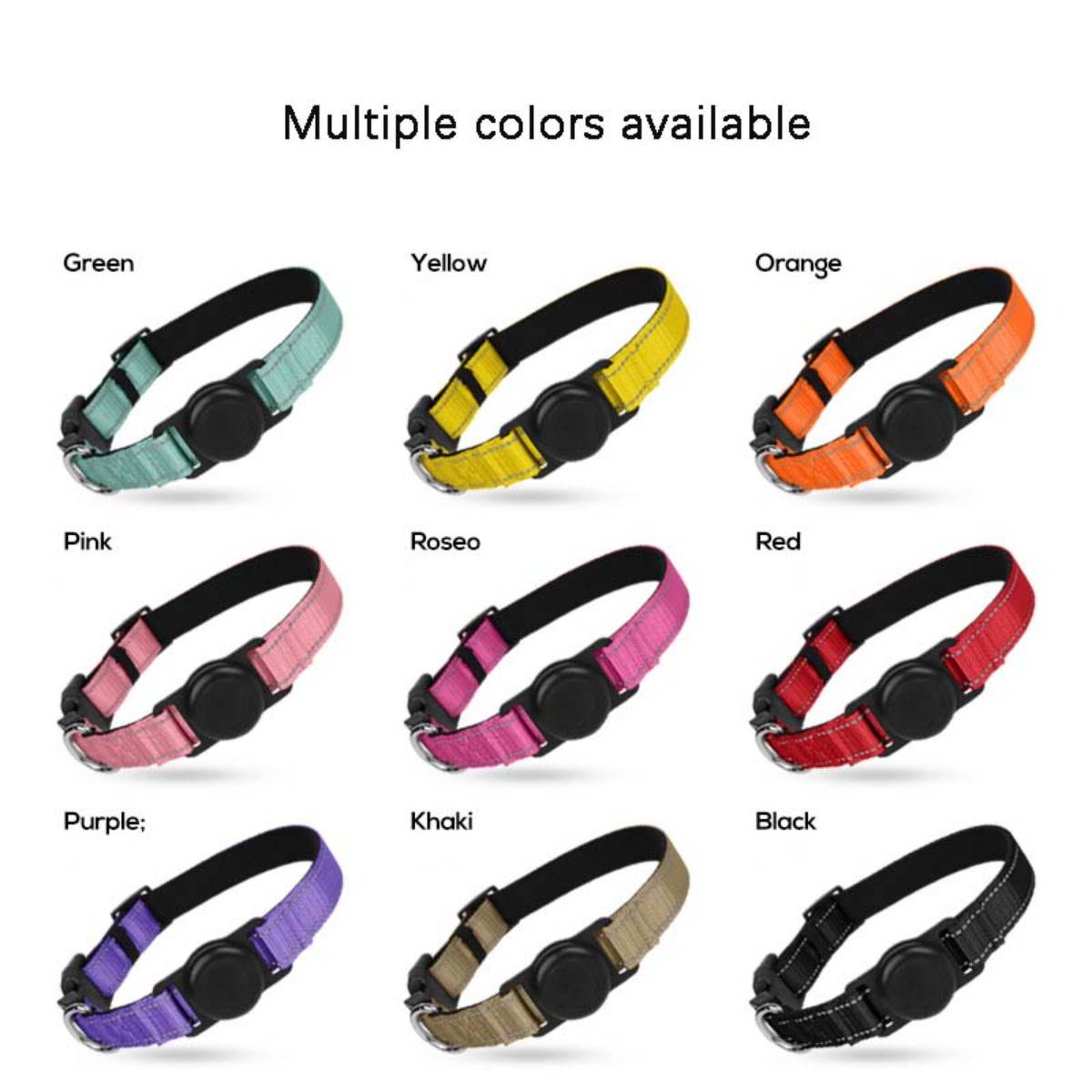 Produktabbildung eines Haustierhalsband, erhältlich in mehreren Farben: grün, gelb, orange, rosa, rosenrot, rot, lila, khaki und schwarz.