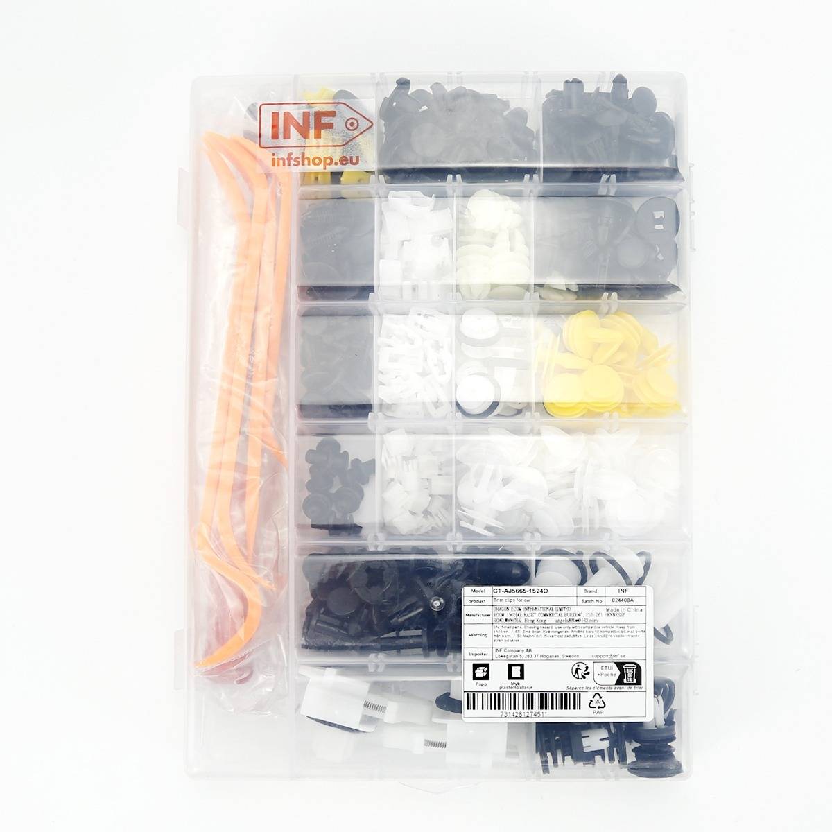Sortiertes Kunststoff-Befestigungset in einer klaren Unterteilungsbox mit schwarzen, weißen, gelben und orangefarbenen Clips, gekennzeichnet für infshop.eu.