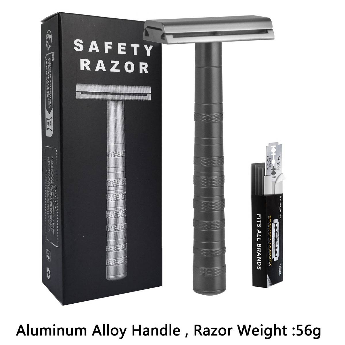 Produktfoto eines Sicherheitsrasierers mit schwarzem Aluminiumlegierung-Griff, schwarzem Rasierer und Klingenpackung; Text vermerkt „Aluminiumlegierung-Griff