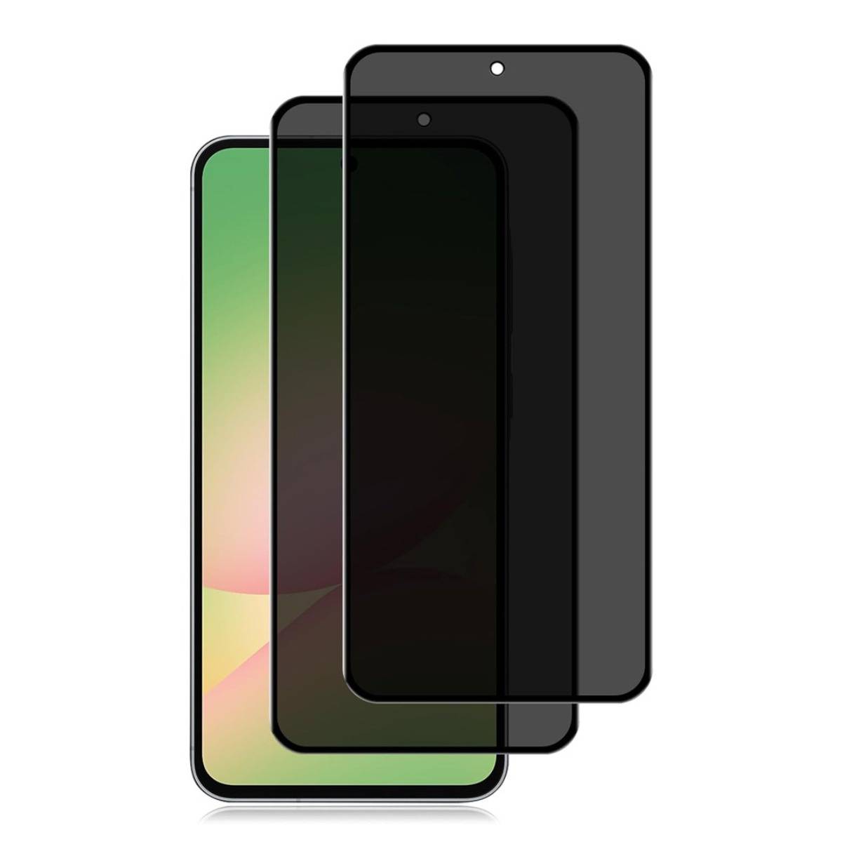 Drei überlappende Smartphone-Bildschirme, wobei das vordere Telefon ein schwarzes Display zeigt und das linke Telefon einen farbenfrohen Farbverlaufbildschirm anzeigt.