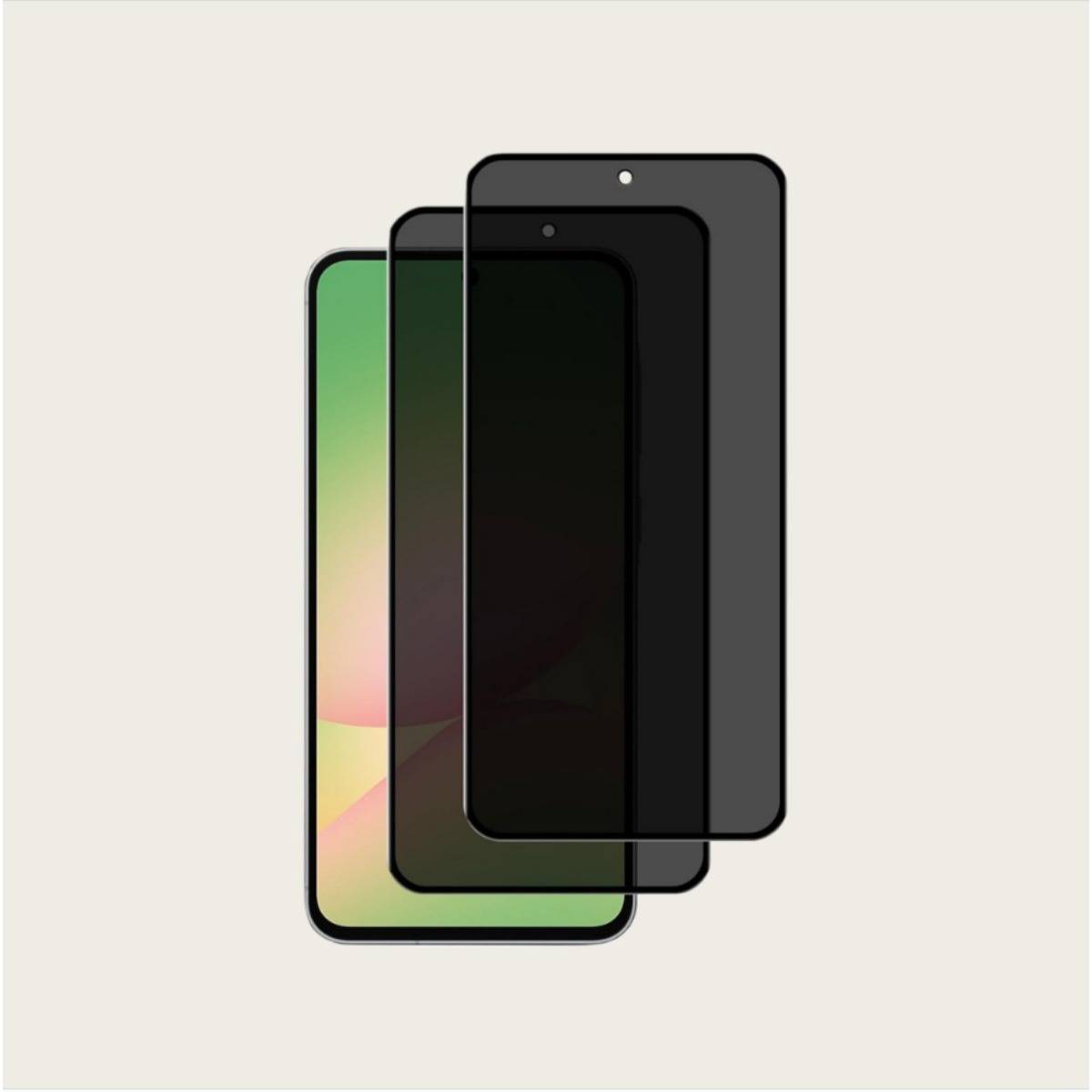 Drei überlappende Smartphone-Bildschirme auf hellem Hintergrund, wobei der vordere Bildschirm ein farbenfrohe Anzeige zeigt und die anderen dunkel sind.