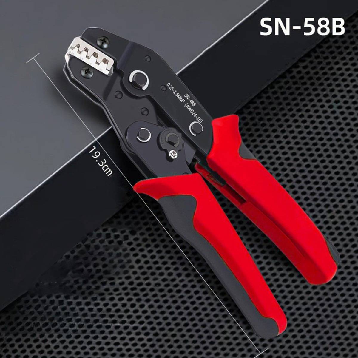 Schwarz-rot Crimpwerkzeug SN-58B, diagonal dargestellt mit markierter Länge von 19,3 cm.