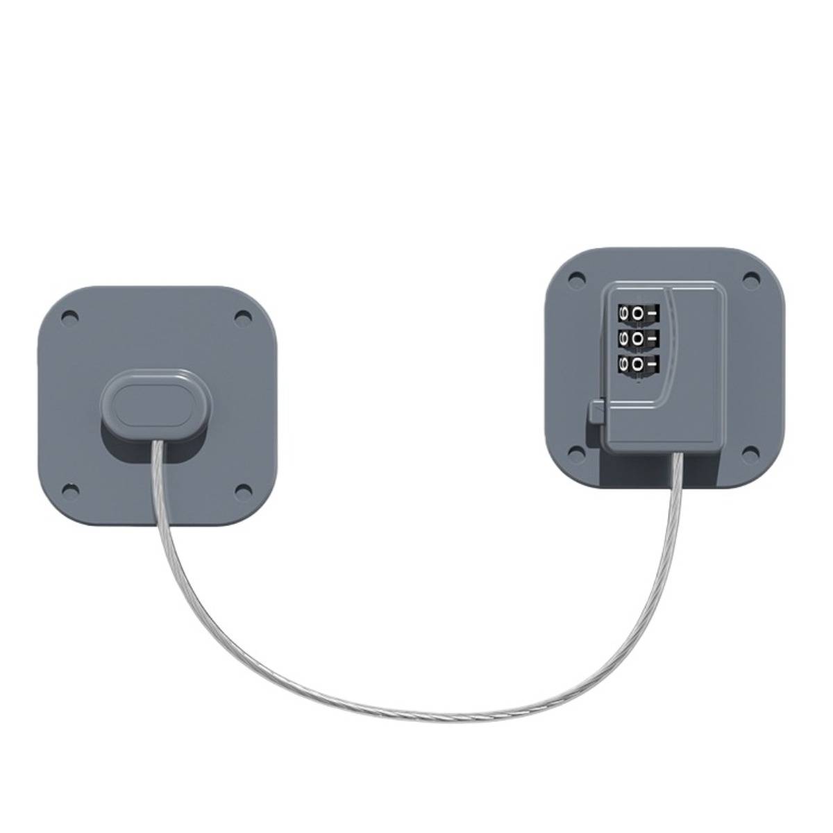 Zwei graue wandmontierte Anschlussboxen, die durch ein gekrümmtes Kabel verbunden sind, mit einem kleinen Tastatur-Zahlenschloss auf der rechten Einheit.