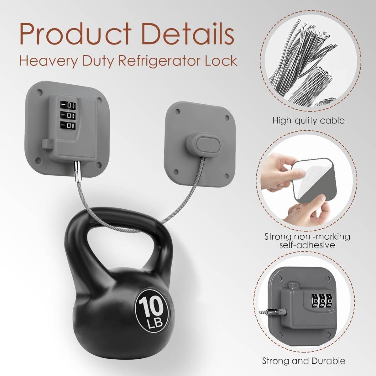Produktdetailbild eines robusten Kühlschrankschlosses mit Kombinationscode, Kabel, Klebemontagen und schwarzem 10-Pfund-Kettlebell, das Stärke und Langlebigkeit demonstriert.
