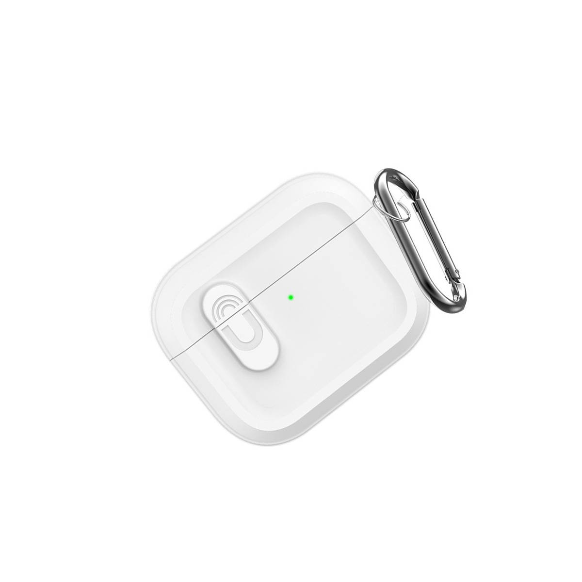 Transparentes AirPods-ähnliches Ladeetui mit einer Kopfhörer-Symbol-Schaltfläche und einem Metallkarabinerhaken auf der rechten Seite befestigt.