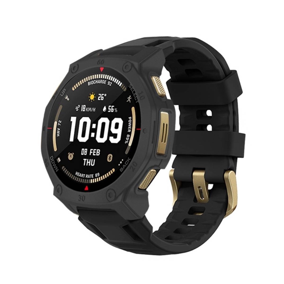Robuste schwarze digitale Smartwatch mit goldfarbenen Akzenten, zeigt 10:09, 08 FEB DO, Wetter, Schritte, Batterie und Herzfrequenz auf dem Display.