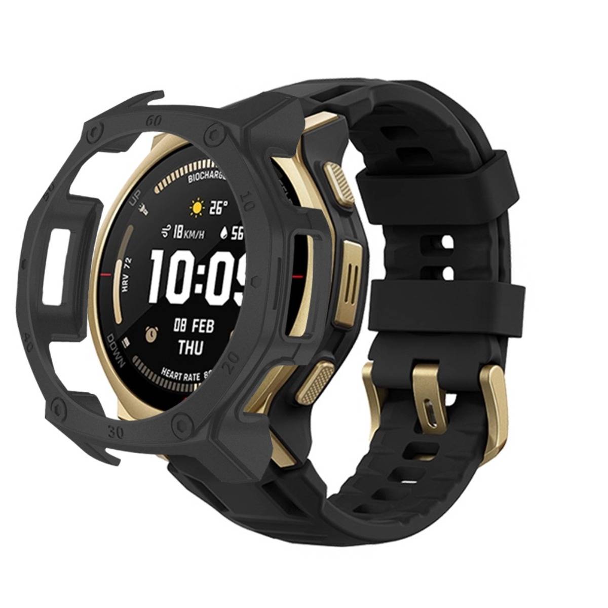 Robuste Smartwatch in Schwarz und Gold mit rundem digitalen Display, zeigt die Uhrzeit 10:09, Datum 08 FEB DO, Wetter- und Herzfrequenzdaten an.