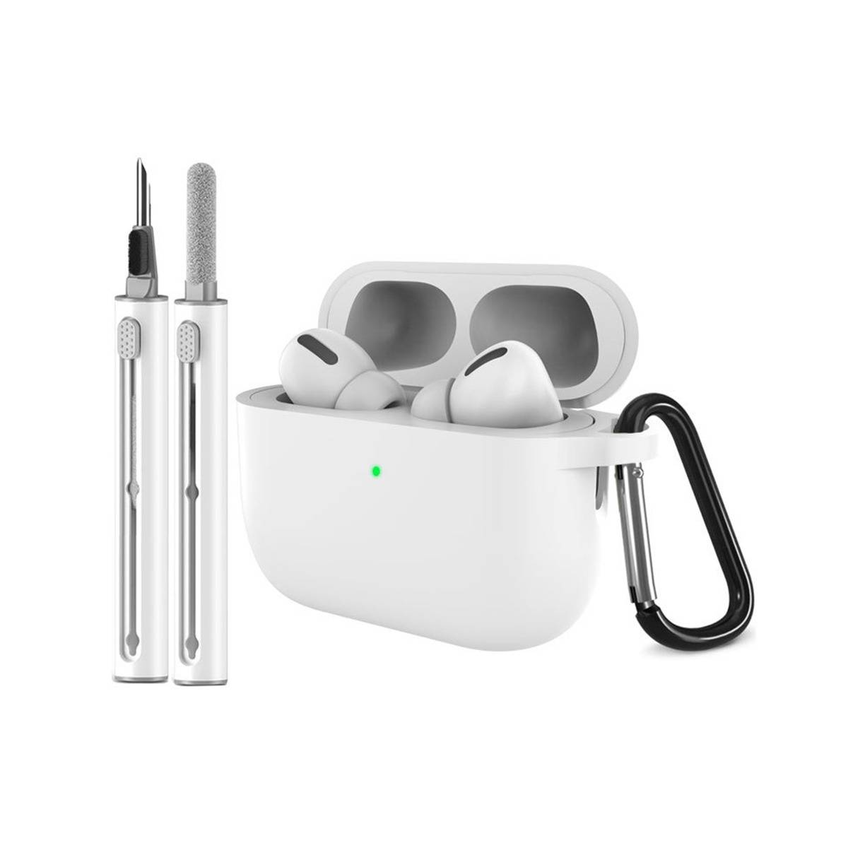 Weiße kabellose Ohrhörer-Ladeschale mit grünem Anzeigelicht und schwarzem Karabiner, abgebildet mit einer kleinen Reinigungsbürste und Metallpickwerkzeugen.