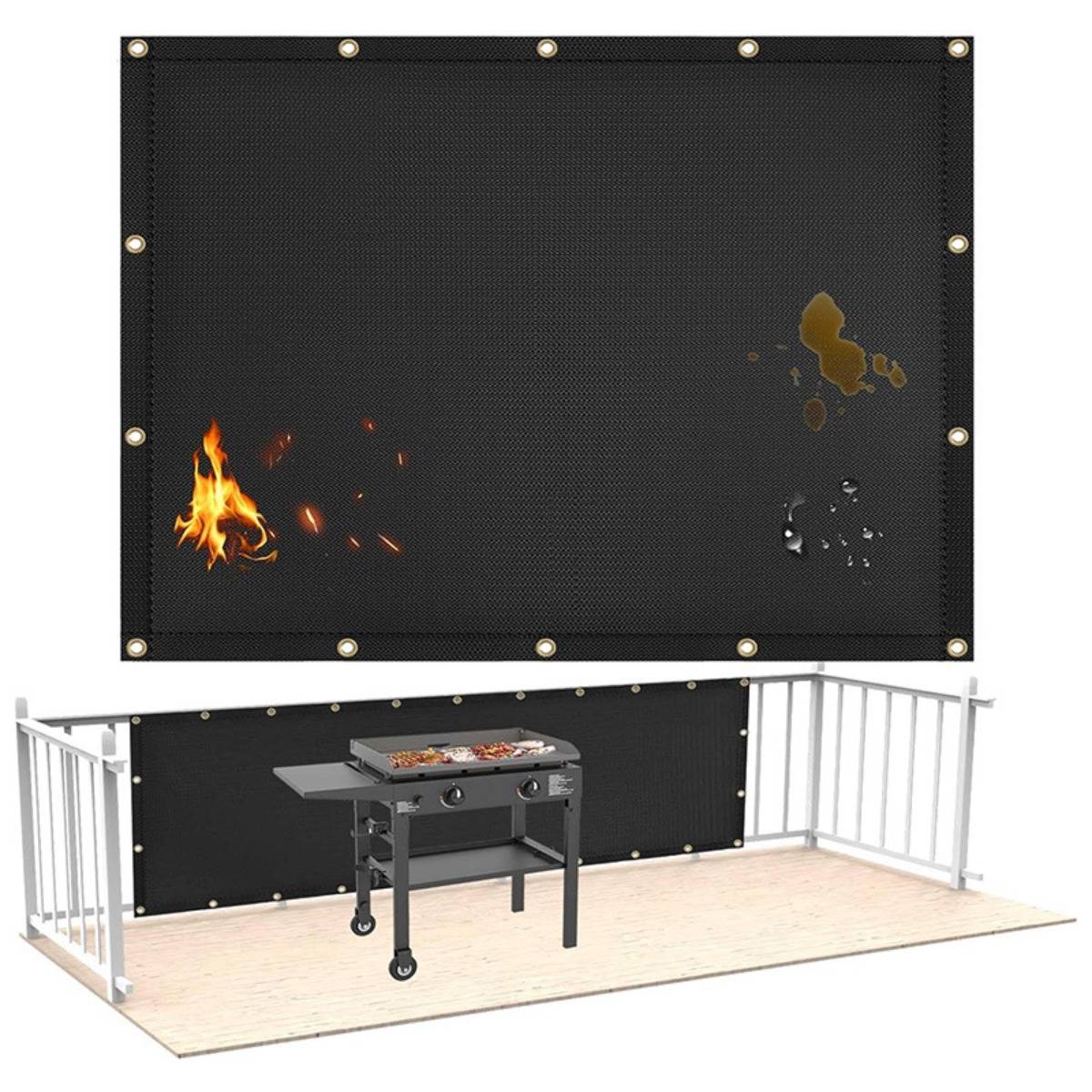 Feuerfestes schwarzes Maschen-Sicherheitsschutzpaneel, das hinter einem Patio-Grill auf einer Terrasse gezeigt wird und Funken und Flammen enthält.