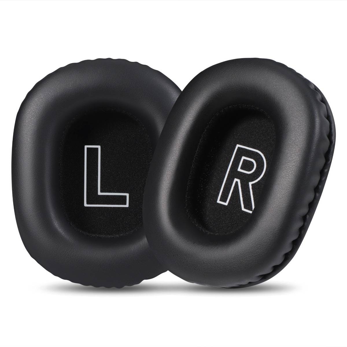 Schwarze Over-Ear-Kopfhörer-Ersatzohrpolster mit den Beschriftungen "L"" und ""R"" auf weißem Hintergrund.