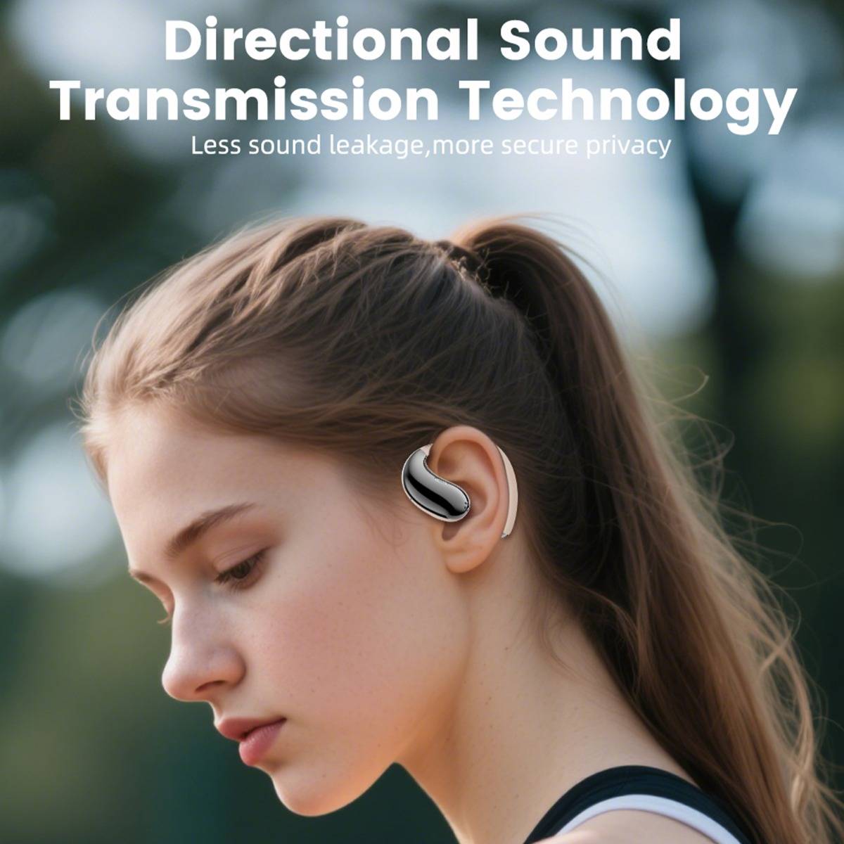 Werbebild einer Frau, die ein In-Ear-Gerät trägt, mit dem Text: „Directional Sound Transmission Technology" (Gerichtete Schallübertragungstechnologie) und „Less sound leakage, more secure privacy"" (Weniger Schallundichtheit, mehr Privatsphäre).