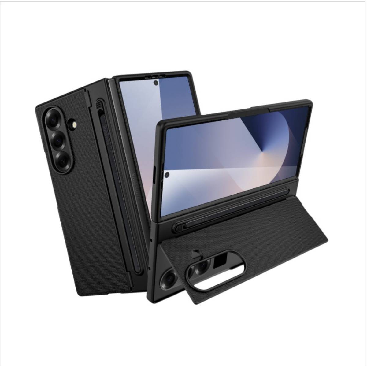 Schwarzes faltbares Smartphone in offener und geschlossener Position in einer Schutzhülle dargestellt, das Faltdisplay und die rückseitigen Kameras hervorhebend.